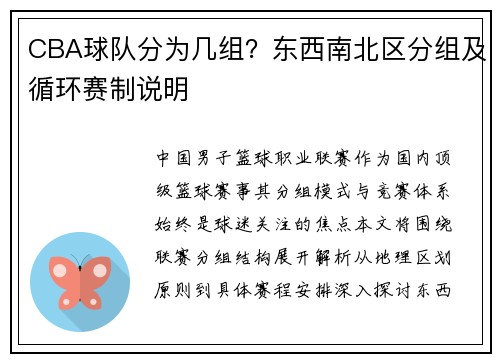 CBA球队分为几组？东西南北区分组及循环赛制说明